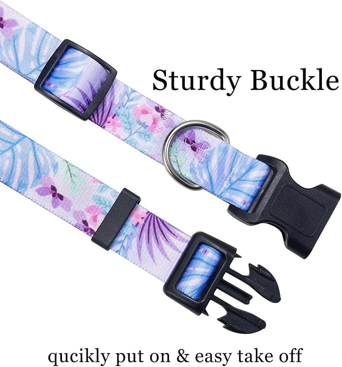 Mihqy Dog Collar and Leash Set with Bohemia Floral Tribal Geometric Patterns - Soft Ethnic Style Collar Adjustable for Small Medium Large Dogs(Purple Flower Flower Set,L)