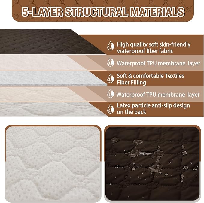 Waterproof Recliner Sofa Covers with Flipped Middle Backrest Washable Recliner Couch Covers Non-Slip with Elastic Straps Furniture Protector for Kid Dogs Pets (Chocolate)
