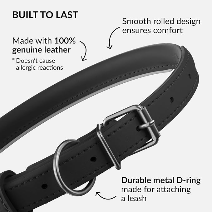 CollarDirect Reflective Rolled Leather Dog Collar, Soft Padded Round Puppy Collar, Handmade Genuine Leather Collar Dog Small Large Cat Collars 13 Colors (8-11 Inch, Black Reflective)