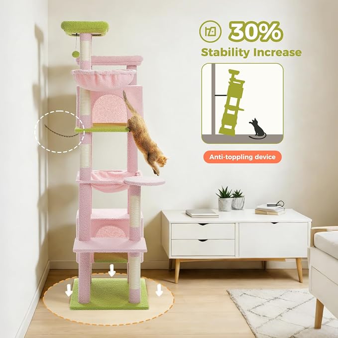 69” Tall Cat Tree for Indoor Cats Large Adult, Multi-Level Cat Tower with Scratching Post, Dual Top Perches, Big Hammock & 2 Spacious Condos, Cat Furniture for Multi-Cat Households, Pink/Green