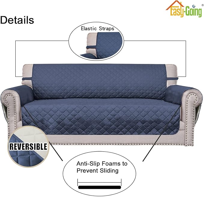 Easy-Going 4 Seater Sofa Slipcover Reversible Sofa Cover Water Resistant Couch Cover with Foam Sticks Elastic Straps Furniture Protector for Pets Children Dog Cat (XX-Large, Dark Blue/Ivory)
