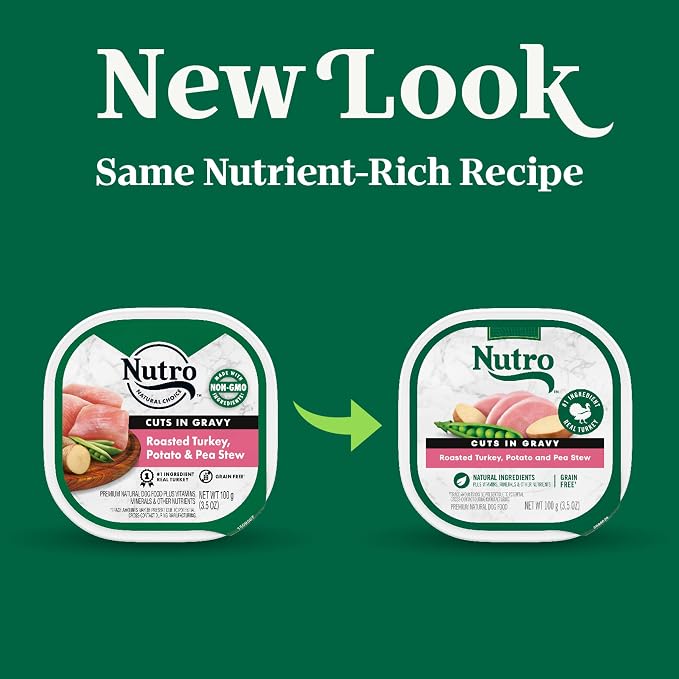 Nutro Adult Wet Dog Food, Natural Grain Free Dog Food Wet Cuts in Gravy Roasted Turkey, Potato & Pea Stew Recipe, 3.5 oz. Trays (Pack of 24)