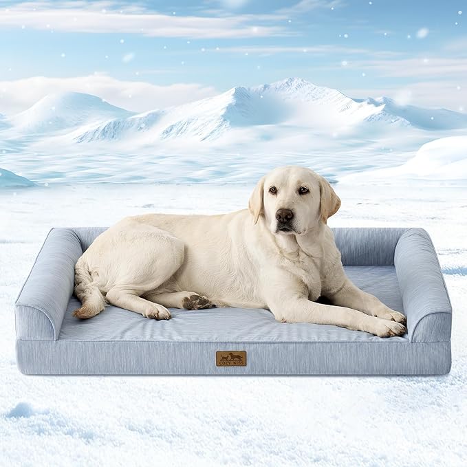 COZY KISS Cooling Dog Bed for Large Dogs, 42"x30" Orthopedic Foam Sofa with Bolster Sides, Q-Max >0.4 Cooling Technology, Cool Pet Bed with Removable Washable Cover, Blue