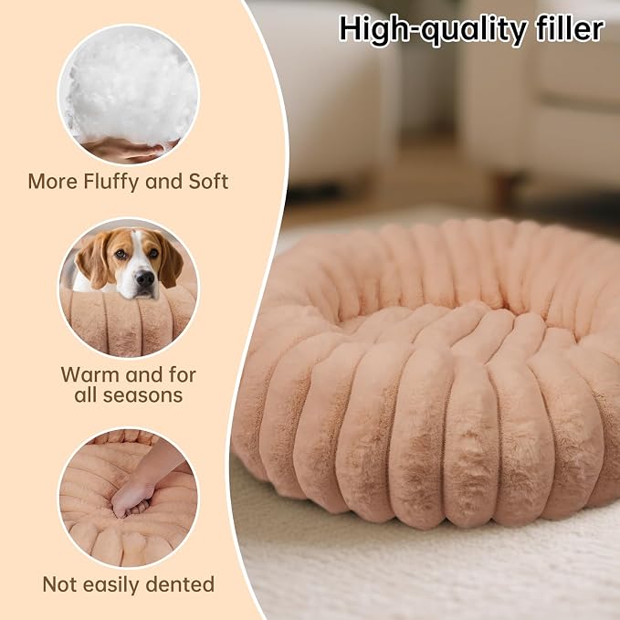 Donut Dog and Cat Bed, Luxurious Comfortable Faux Rabbit Fur Pet Beds, Soft Anti-Anxiety Calming Puppy Kitten Bed with Anti-Slip Bottom for Small Medium Dogs & Cats(20", Brown)