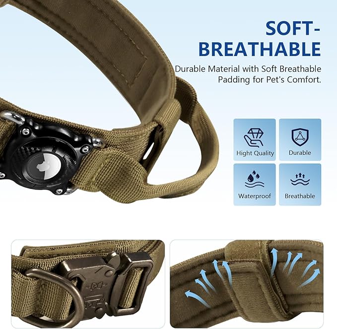 2026 Upgrade Military Tactical Dog Collar with Waterproof AirTag Holder - Heavy Duty Nylon GPS Tracking Collar with Control Handle & Metal Buckle for Medium Large Dogs (Khaki, L)