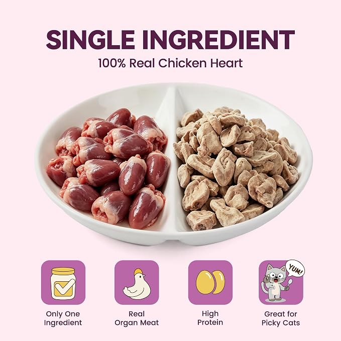 Freeze-Dried Chicken Hearts Cat|Dog Treats|Single Ingredient|High Protein Healthy Pet Food Toppers|Training Snacks,2oz
