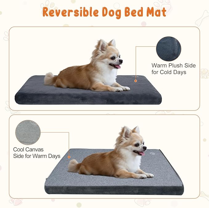 EMPSIGN Stylish Dog Bed Mat Dog Crate Pad Mattress Reversible (Cool & Warm), Water Proof Linings, Removable Machine Washable Cover, Firm Support Pet Crate Bed for Small to XX-Large Dogs, Grey