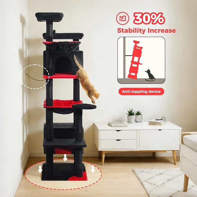 69” Gothic Cat Tree for Indoor Cats Large Adult, Multi-Level Cat Tower with Scratching Post, Dual Top Perches, Big Hammock, 2 Condos & Bat Toy Ball, Cat Furniture for Multi-Cat Households, Black