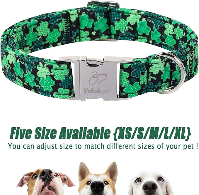 St. Patrick's Day Dog Collar, Lucky Clover Dog Collars, Adjustable Heavy Duty Irish Festive Pet Collar for Small Medium Large Dogs with Metal Buckle M