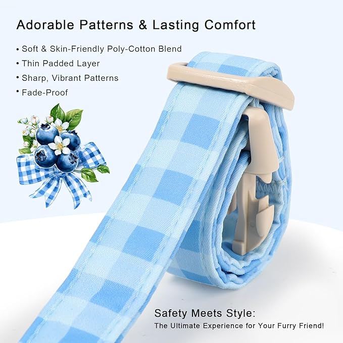Boy Dog Collar Blue Gingham Dog Collars for Puppy Small Dogs - Lightweight Adjustable Spring/Summer Plaid Male Female Dogs Everyday Collar with Safety Buckle XS