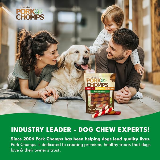 Pork Chomps Baked Pork Skin Dog Chews, 6 Inch Twists, 24 Count - Assorted Flavors - Long-Lasting Treats for Dogs - High Protein, Rawhide-Free, Low Fat, Healthy & Delicious Chews