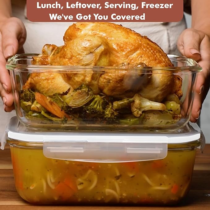 Razab 4 PC 1860ml / 63 Oz / 8 Cups Large Glass Food Storage Containers with Lids - Glass Meal Prep Containers for Roasting & Storing Leftover, Lunch Container with Lids, Microwave & Oven Safe