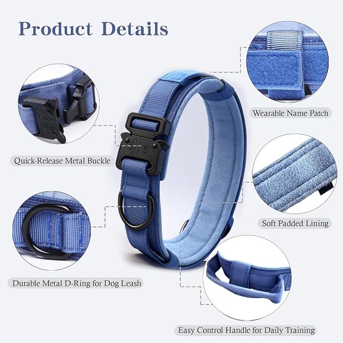 Tactical Dog Collar and Leash Set Adjustable Military Nylon Dog Collar with Control Handle and Heavy Duty Metal Buckle for Large Dogs（Dark Blue M