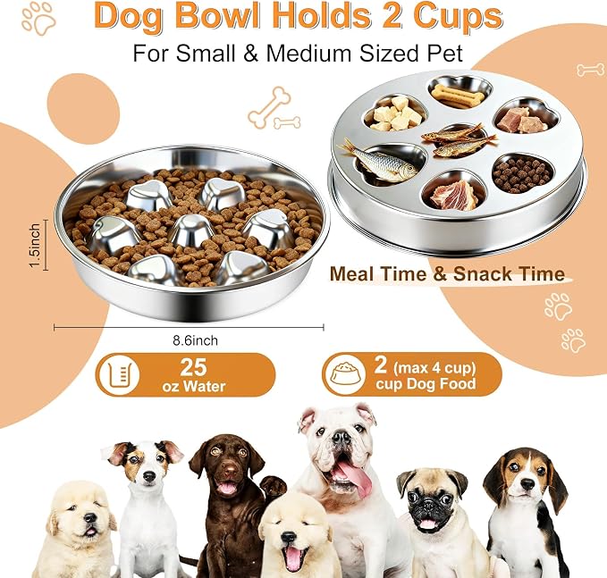 2 Pack Stainless Steel Slow Feeder Dog Bowls, Non-Slip Metal Pet Bowls for Fast Eaters, Anti-Gulping Bloat Prevention Dog Food Bowls, Easy to Clean for Small Breeds