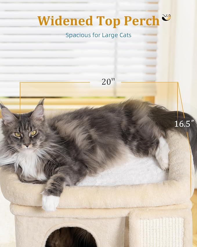 Aechonow Small Cat Tree Tower for Large Cat, Cat Bed House with Large Perch for Adult Cats, 20x16.5 Inch Big Platform for Indoor with Super Cozy Soft Mat, Large Cat Condo with Scratching Post, Beige