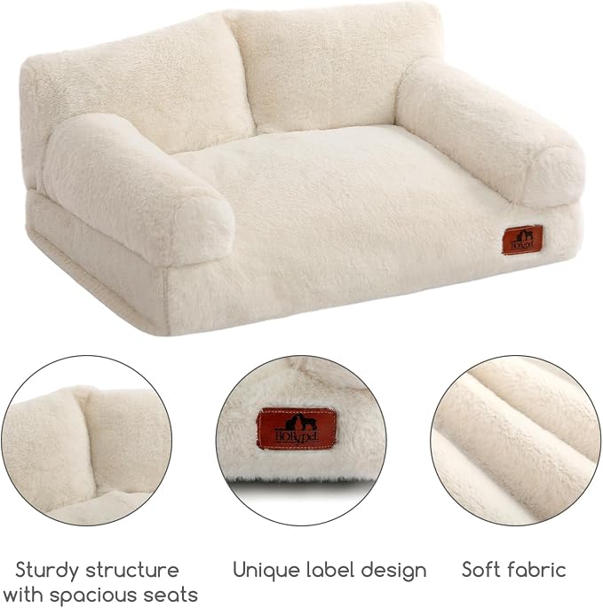 Hollypet Fluffy Dog Cat Bed Pet Couch Beds Plush Soft Warming Washable Puppy Bed for Small Medium Dogs and Large Cats, Beige, 24" L x 18" W x 10" Th