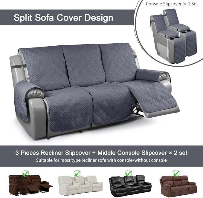 TAOCOCO Non Slip Recliner Sofa Covers for 3 Cushion Couch, Waterproof Reclining sofa cover for Leather Sofa with Console, Split Reclining Couch Cover Recliner Furniture Protector (3 Seater, Dark Grey)