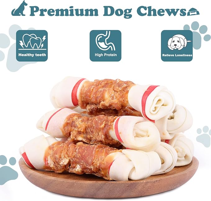Chicken Wrapped Rawhide Bones Dog Treats, 6.5 Inch Large Knots for Medium and Large Dogs, High Protein 65% Long Lasting Dog Chews, 32 Ounces