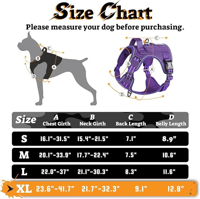 rabbitgoo Tactical Dog Harness for Large Dogs No Pull Adjustable Military Vest with Handle MOLLE Reflective Heavy Duty Dog Vest for Walking Training Hunting Outdoor Working Medium Size Dog Purple XL