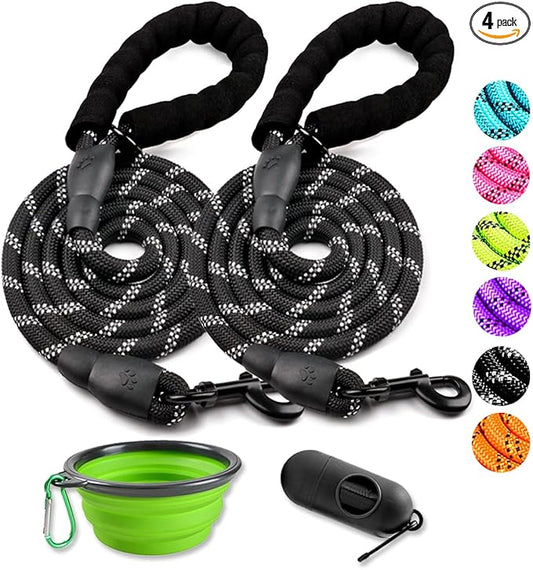 COOYOO 2 Pack Dog Leash 6 FT Heavy Duty - Comfortable Padded Handle - Reflective Dog Leash for Medium Large Dogs with Collapsible Pet Bowl