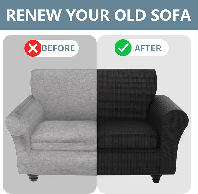 Stretch Couch Covers for 2 Separate Cushion Couch Sofa -Living Room Couch Sofa Cover,Washable Sofa Slipcover,Pet Friendly Furniture Protector with Elastic Bottom,Universal Fit for Home(Black,Loveseat)