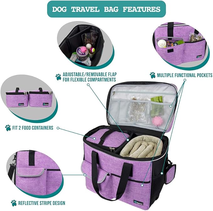 PetAmi Dog Travel Bag Organizer, Pet Travel Kit with 2 Food Containers & 2 Collapsible Dog Bowls, Pet Supplies Tote with Luggage Sleeve, Weekend Road Trip Camping Essentials, Purple, Large