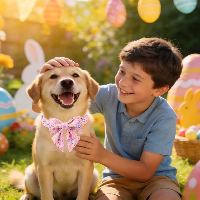 Easter Day Dog Collar with Bow, UP URARA PUP Easter Eggs Adjustable Pet Collar Bowtie with Metal Buckle, Colorful Eggs Cotton Dog Collars for Small Medium Large Dogs, L