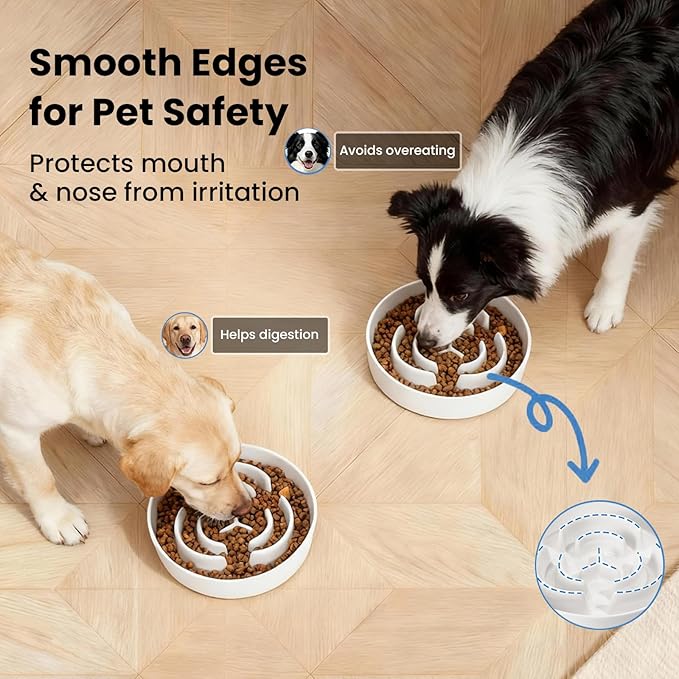 Ceramic Slow Feeder Dog Bowls,2.0 Cups Slow Feeder for Medium Breed,Puzzle Dog Food Bowl to Slow Down Eating, Anti-Gulping, Stop Bloat,Preventing Choking,8in,White