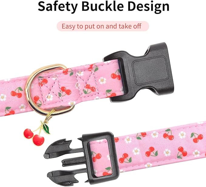 Personalized Dog Collars,Adjustable Puppy Collars with Safety Buckle for Small Medium Large Dogs,Cute and Unique Pink Cherry Pattern Pet Collar for Boy Girl Dogs. (Pink Cherry, Medium)