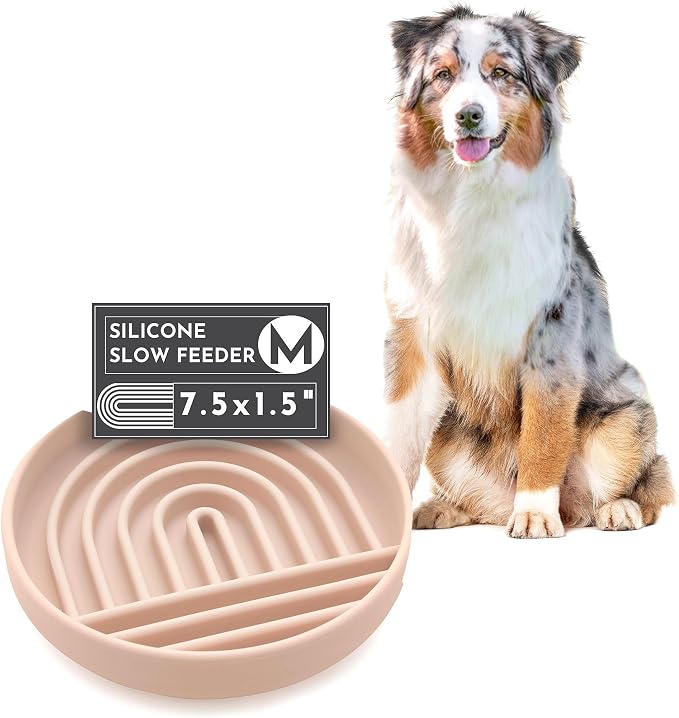 Should We Go? Slow Feeder Dog Bowls - Medium Size Silicone Slow Eating Dog Bowl for Puppies & Dogs with Suction Cup -Dishwasher-Safe, Lick Mat Design, Reduces Gulping,for All Breeds,7.5”x1.5”- Tan