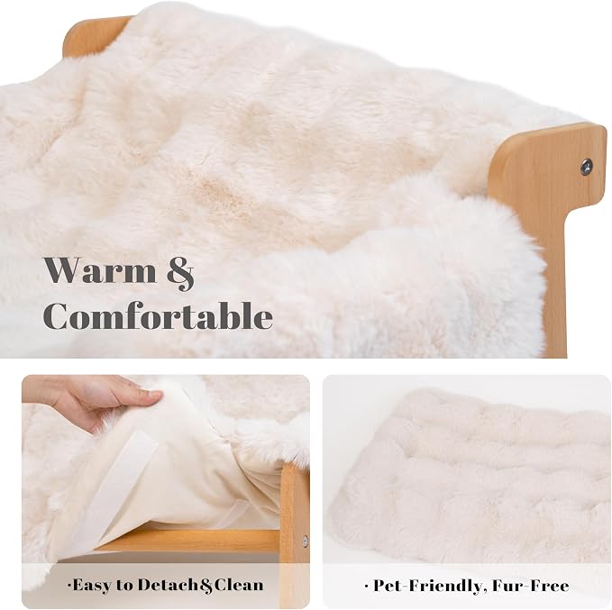 CHEERHOME PETS Elevated Cat Couch Bed for Indoor Cats, Wooden Cat Sofa with Removable Washable Fluffy Cover Raised Kitty Lounge Chair Suitable for Puppy(Cat Sofa Off-White)