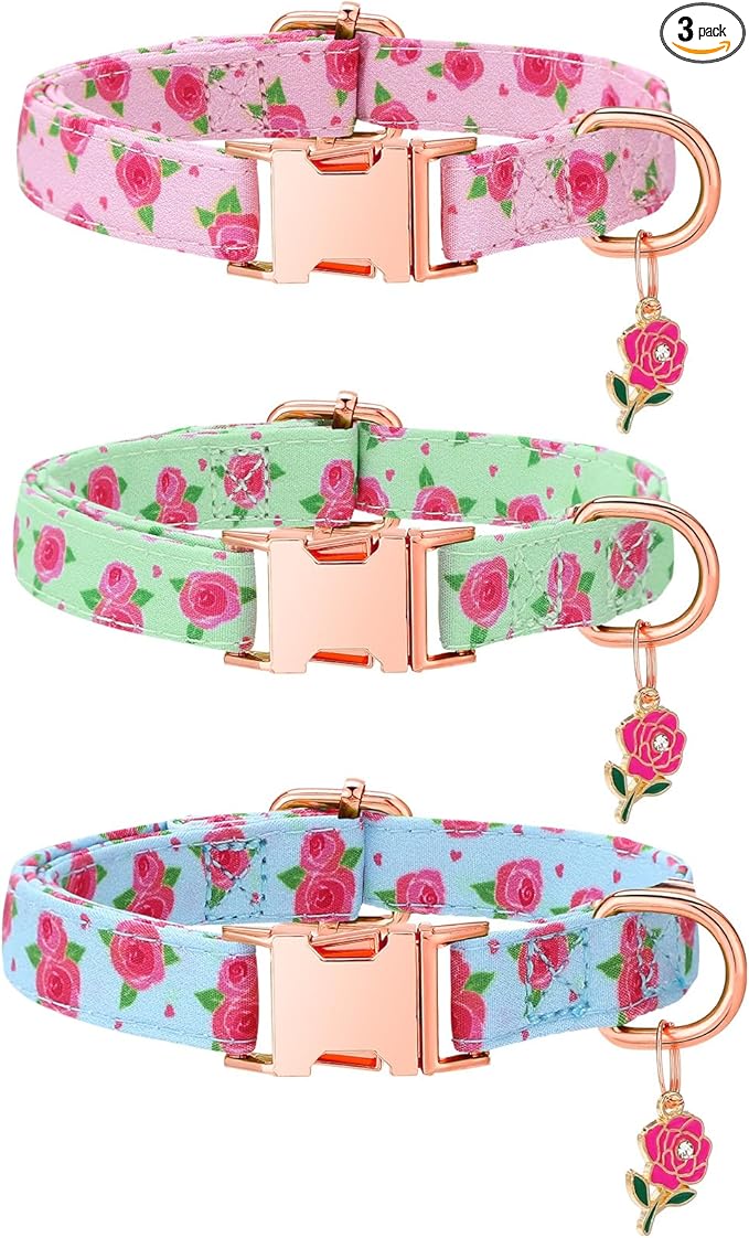 3 Pack Floral Dog Collars for Small Dogs Rose Flower Dog Collars with Pendant for Girl Female Dogs Cute Puppy Pet Collar