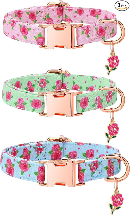 3 Pack Floral Dog Collars for Small Dogs Rose Flower Dog Collars with Pendant for Girl Female Dogs Cute Puppy Pet Collar