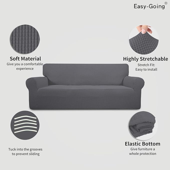 Easy-Going Stretch Sofa Slipcover 1-Piece Sofa Cover Furniture Protector Couch Soft with Elastic Bottom for Kids, Polyester Spandex Jacquard Fabric Small Checks (Sofa, Gray)