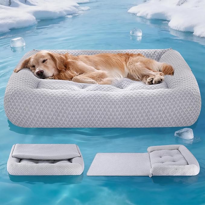 Rywell 3-in-1 Cooling Dog Beds Large Sized Dog, Dog Cooling Mat with Arc-Chill Tech (Q-Max>0.5), Dog Crate Pad for Summer, Non-Slip & Fully Machine Washable, Gift for Dog Lovers, 43" x 31", Grey