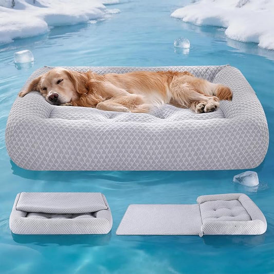 Rywell 3-in-1 Cooling Dog Beds Large Sized Dog, Dog Cooling Mat with Arc-Chill Tech (Q-Max>0.5), Dog Crate Pad for Summer, Non-Slip & Fully Machine Washable, Gift for Dog Lovers, 43" x 31", Grey