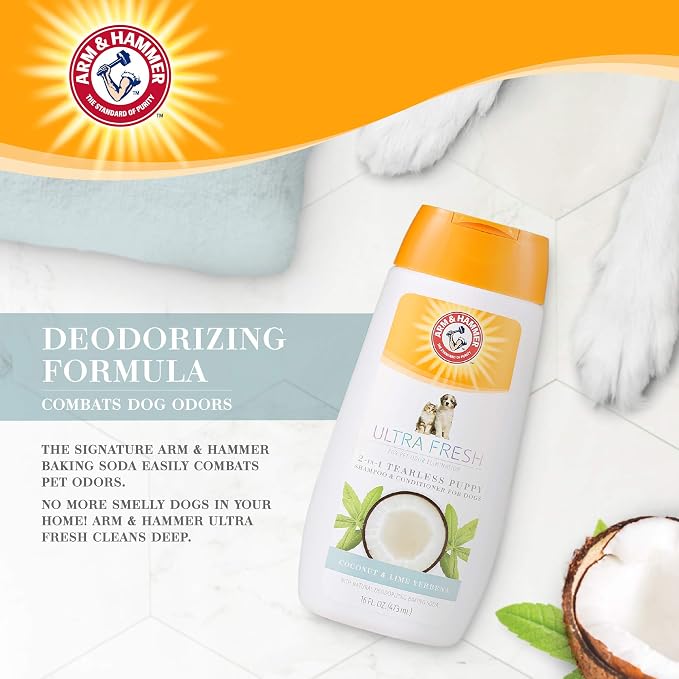 Arm & Hammer Ultra Fresh Tearless Puppy Shampoo and Conditioner 2 in 1 Baking Soda Deodorizer Gentle Pet Wash Odor Control Coconut and Lime Verbena Scent 16 FL OZ Puppies Eight Weeks and Older