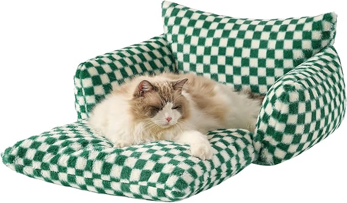 Hollypet Cat Bed Fluffy Plush Multifunctional Double-Layer Machine Washable Soft Warming Kitty Pet Couch Orthopedic Nest Beds for Small Cats and Dogs up to 13lbs, Forest Green ＆ White(25x20x13in)