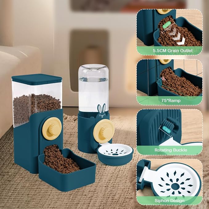 Hanging Automatic Pet Food and Water Dispenser, Auto Gravity Rabbit Ferret Bunny Hedgehog Feeder Water Dispenser Sets, Cat Dog Food and Water Dispenser Food Bowl for Cage Hanging (Dark Blue)