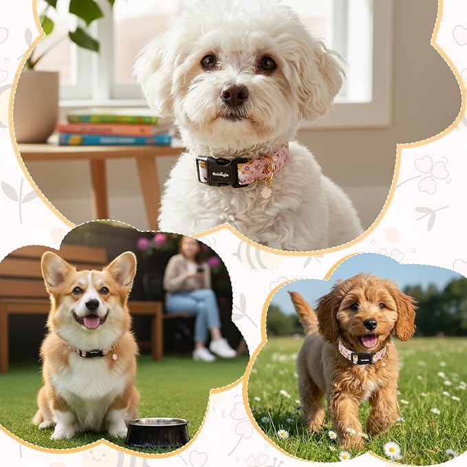 Dog Collar for Spring Summer, Pink Dog Collars with Bee & Flowers, Adjustable Cotton Puppy Dog Collars, Cute Girl or Boy Dog Collar Ideal for Small Medium Large Dogs,Pet Accessory,L