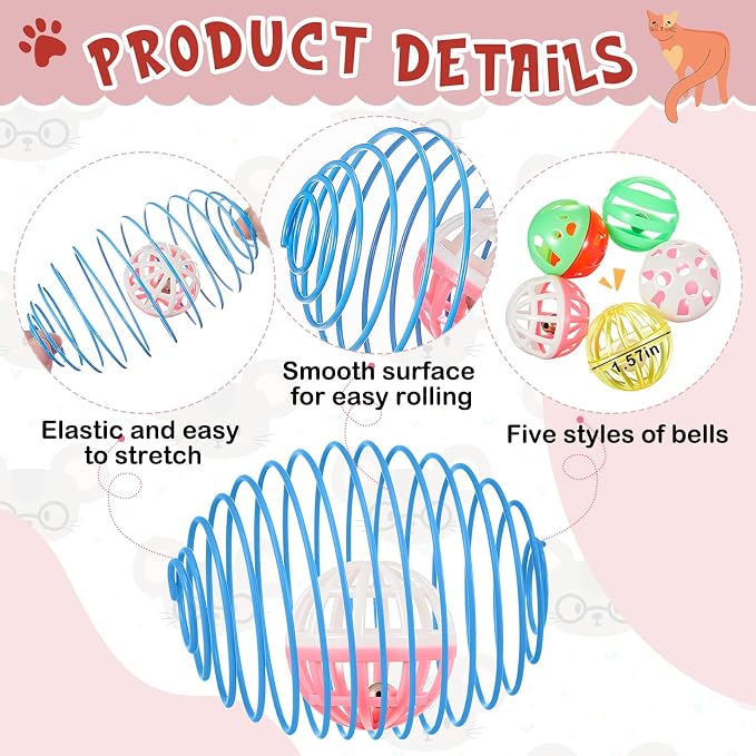 Jecery 5 Pcs Cat Spring Toys Stretchable Rolling Balls Colorful Playful Coils Interactive Action Toy Caged Rats for Kitten Pet Supplies (Bell Ball,Multicolor)