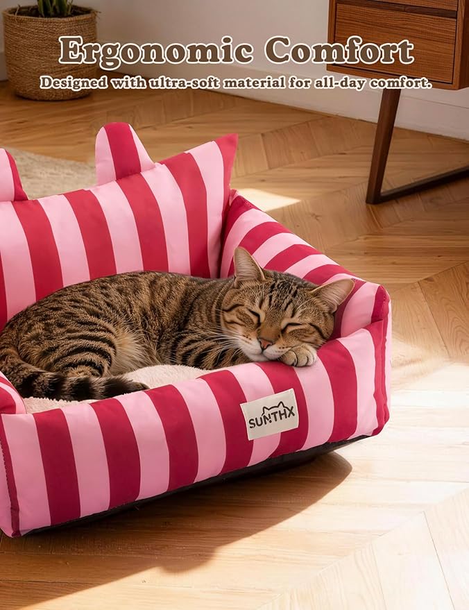 Cat Couch, Reversible Pet Bed for Indoor Cats – 2-Sided Cat Sofa with Oxford Fabric and Plush Fleece, Washable Small Dog Couch for Puppies and Senior Pets, Non-Slip Bottom, 22 inch, Pink Red