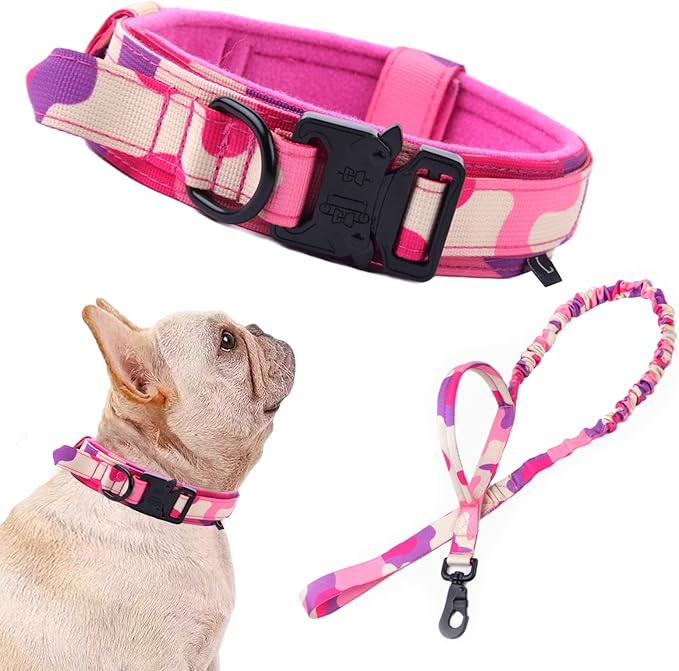 Tactical Dog Collar and Leash Set Adjustable Military Nylon Dog Collar with Control Handle and Heavy Duty Metal Buckle for Large Dogs（Pink Camo S