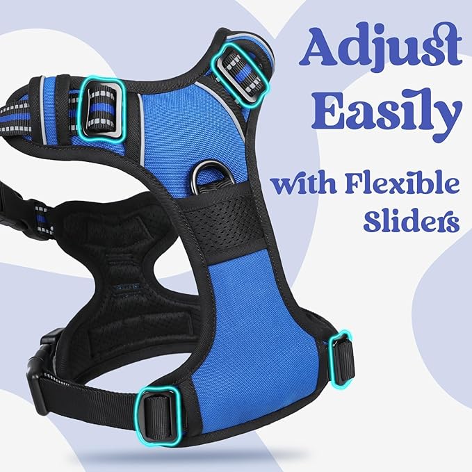 rabbitgoo Dog Harness Medium Sized, No Pull Easy On & Off with 3 Buckles Pet Harness, Adjustable Soft Walking Vest with 2 Clips and Handle, Reflective for Medium Dogs, Blue, M