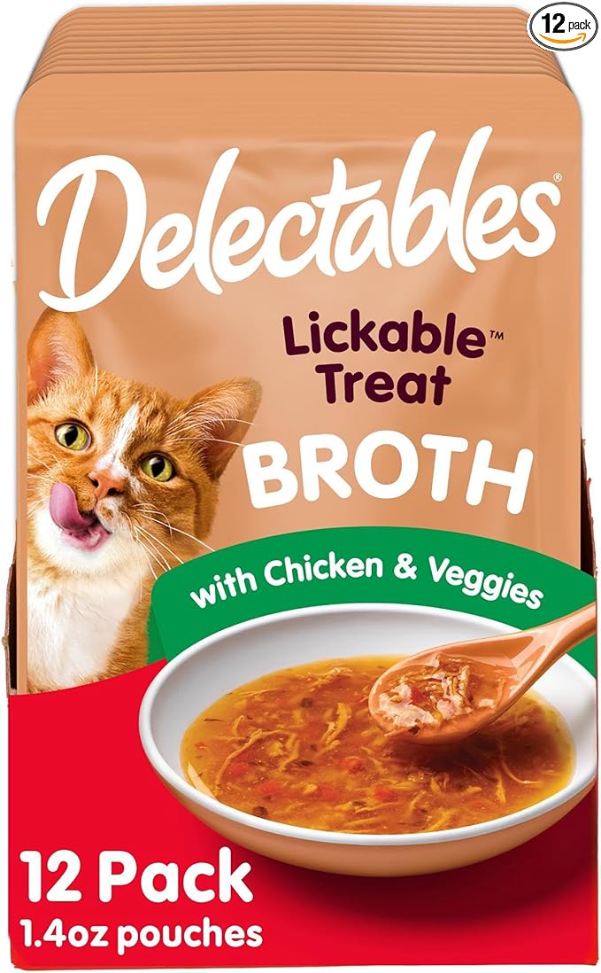 Delectables Lickable Treat Savory Broth Wet Cat Treat with Real Chicken & Veggies, Food Topper, Hydrating, Grain-Free, No Fillers, No By-Products, No Added Preservatives, 1.4oz Pouch, 12ct