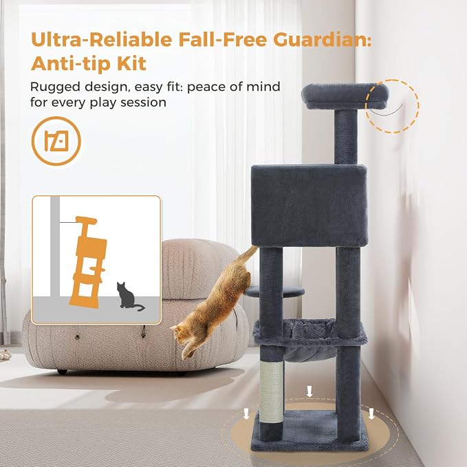 MUTTROS Cat Tree for Indoor Cats, 44.5" Multi-Level Cat Tower with Large Metal Frame Hammock, Cat Condo with 2 Scratching Posts and Top Perch for Small to Medium Cats, Dark Gray