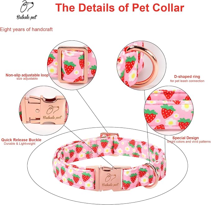 Strawberry Dog Collar for Puppy Small Dogs - Adjustable Spring Summer Pink Girl Dog Collars, Cute Girly Female Pet Collar with Metal Buckle XS