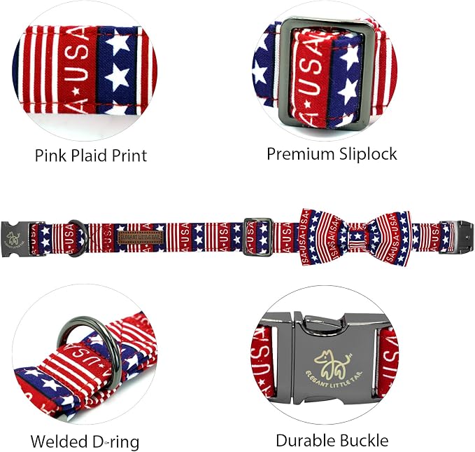 Elegant little tail Independence Dog Collar, Patriotic Pet Collar with Bow Tie American 4th of July Pet Cotton Soft Boy Girl Adjustable Collars for Small Dogs