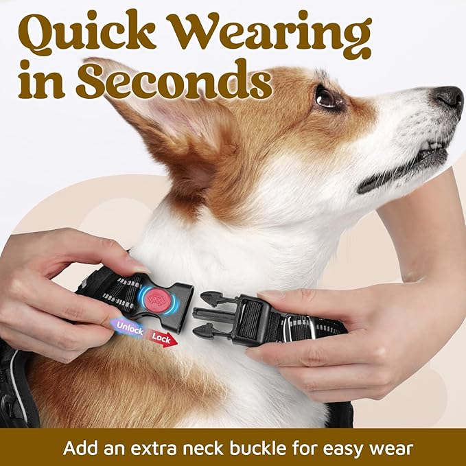 rabbitgoo Dog Harness Medium Sized, 3 Buckles Easy On & Off No Pull Pet Vest, Soft Padded Walking Pet Harness with Control Handle, Adjustable and Reflective, Black, M