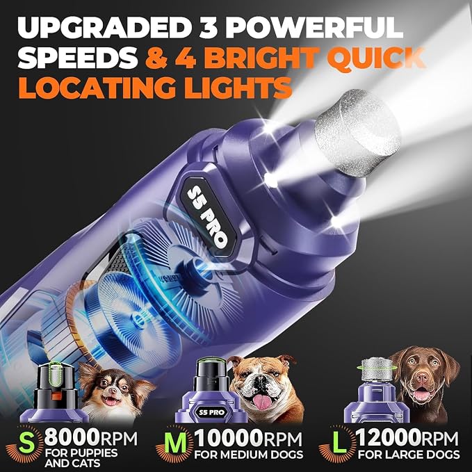 Whisper Quiet Dog Nail Grinder with 4 LED Lights, Safe & Stress-Free for Sensitive Dogs Cats of All Breeds & Sizes, 3 Grinding Bits, 3-Speed, Pet Nail Trimmers, Rechargeable Painless Grooming Kit Blue